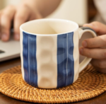 Hand-Painted Blue And White Striped Ceramic Mug, Comfortable Grip