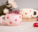 Pink And Yellow Ceramic Mug Set (4-Piece) With Heart Pattern