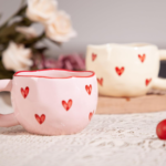 Pink And Yellow Ceramic Mug Set (4-Piece) With Heart Pattern